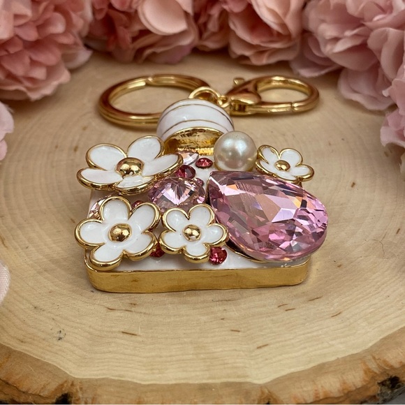 Pink Crystal Flower Perfume Bottle Keychain Charm - Picture 12 of 16